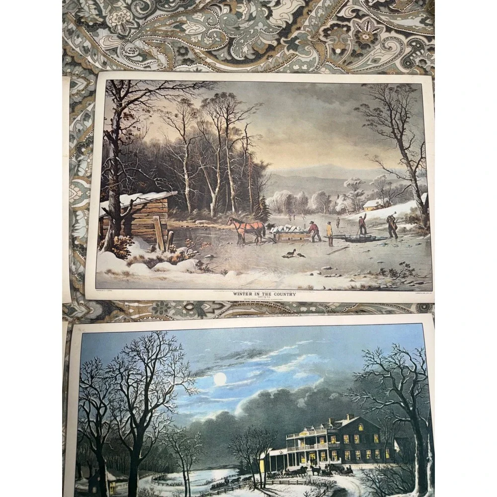 Vintage Currier and Ives Winter Scene Placemats Set of 4 Double Sided Christmas